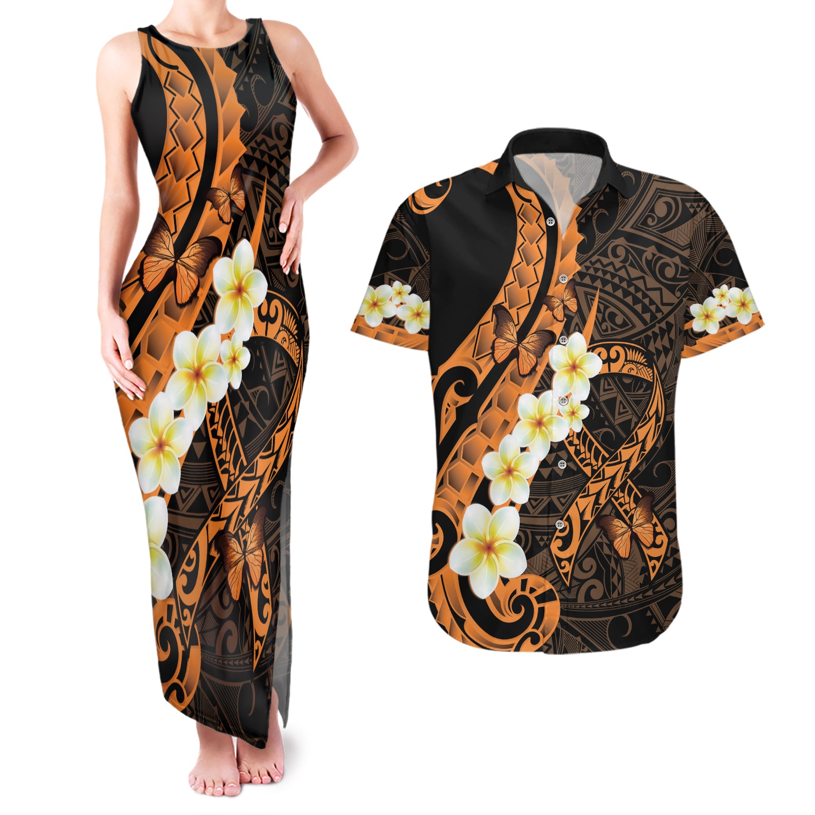 Liver Cancer Awareness Month Couples Matching Tank Maxi Dress and Hawaiian Shirt Awareness Is Key Orange Polynesian Ribbon