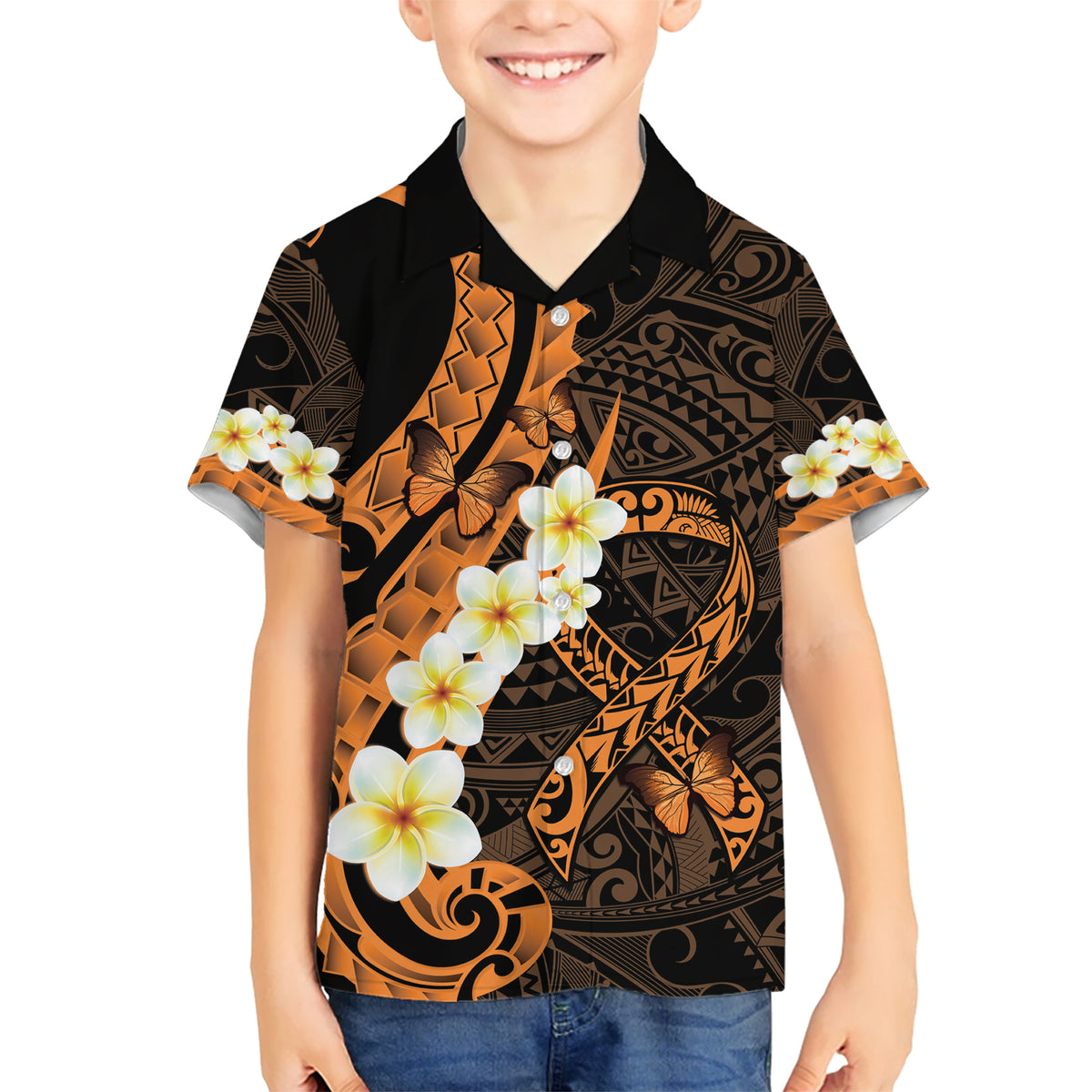 Liver Cancer Awareness Month Kid Hawaiian Shirt Awareness Is Key Orange Polynesian Ribbon