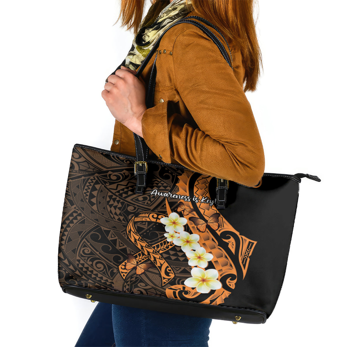 Liver Cancer Awareness Month Leather Tote Bag Awareness Is Key Orange Polynesian Ribbon