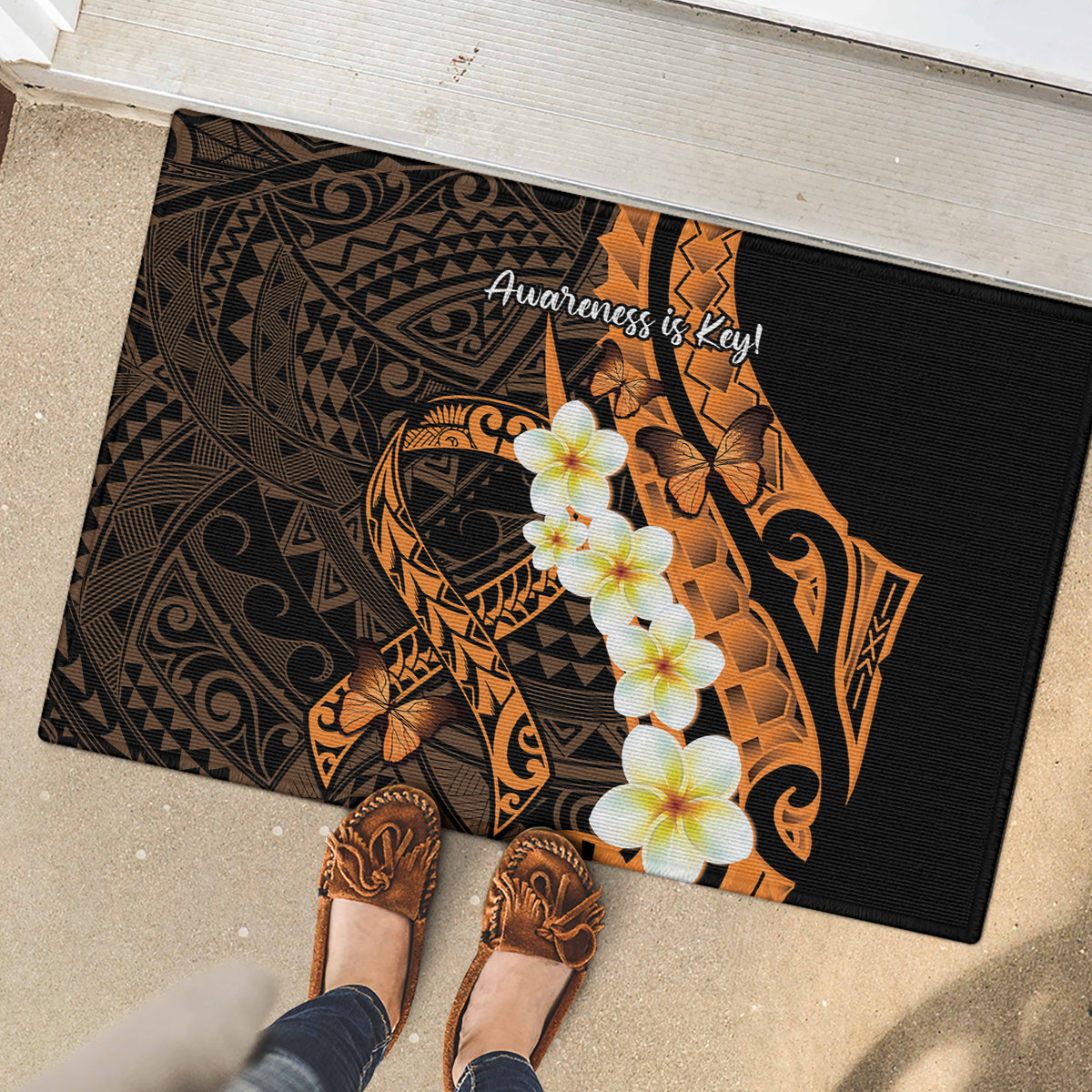 Liver Cancer Awareness Month Rubber Doormat Awareness Is Key Orange Polynesian Ribbon