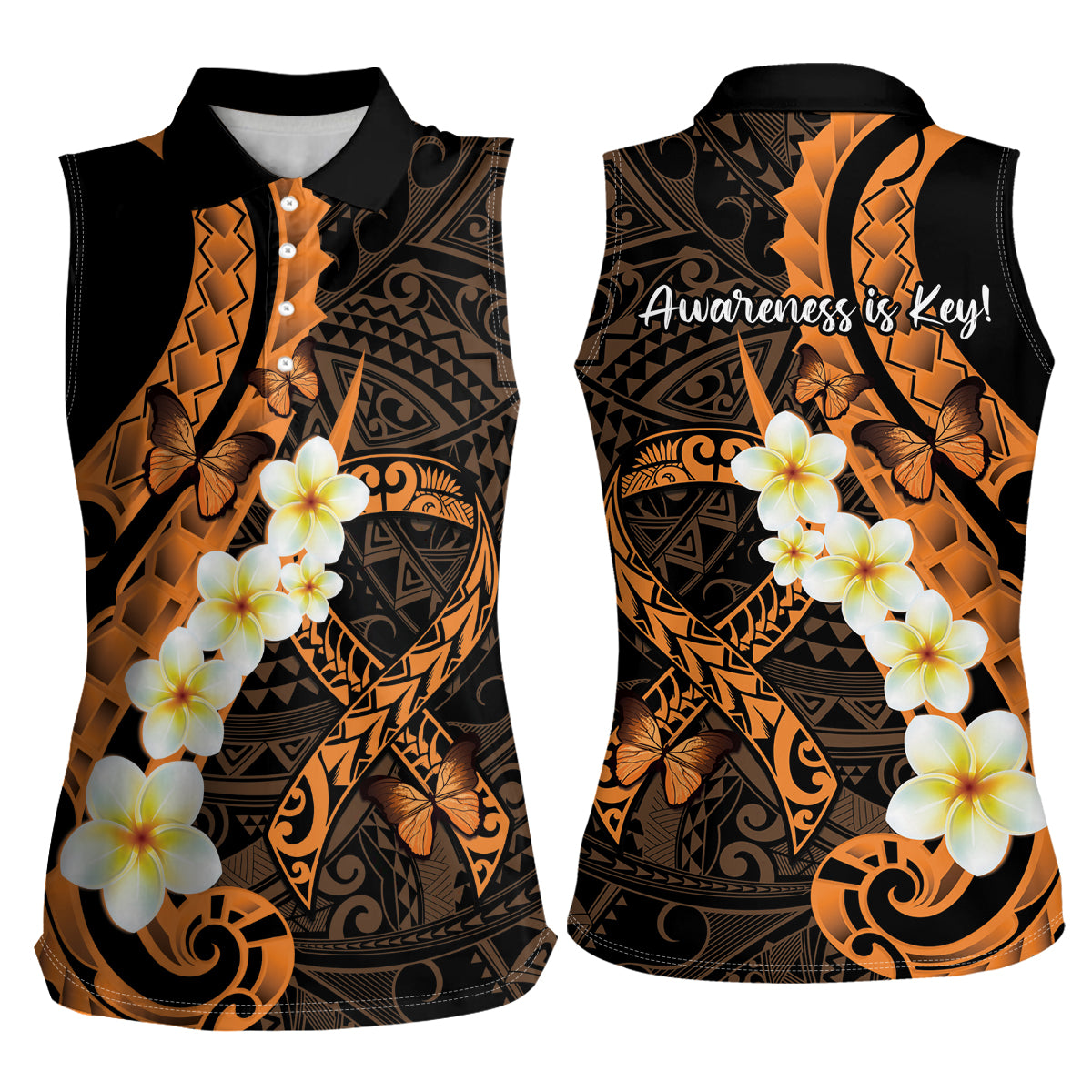Liver Cancer Awareness Month Women Sleeveless Polo Shirt Awareness Is Key Orange Polynesian Ribbon