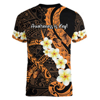 Liver Cancer Awareness Month Women V-Neck T-Shirt Awareness Is Key Orange Polynesian Ribbon