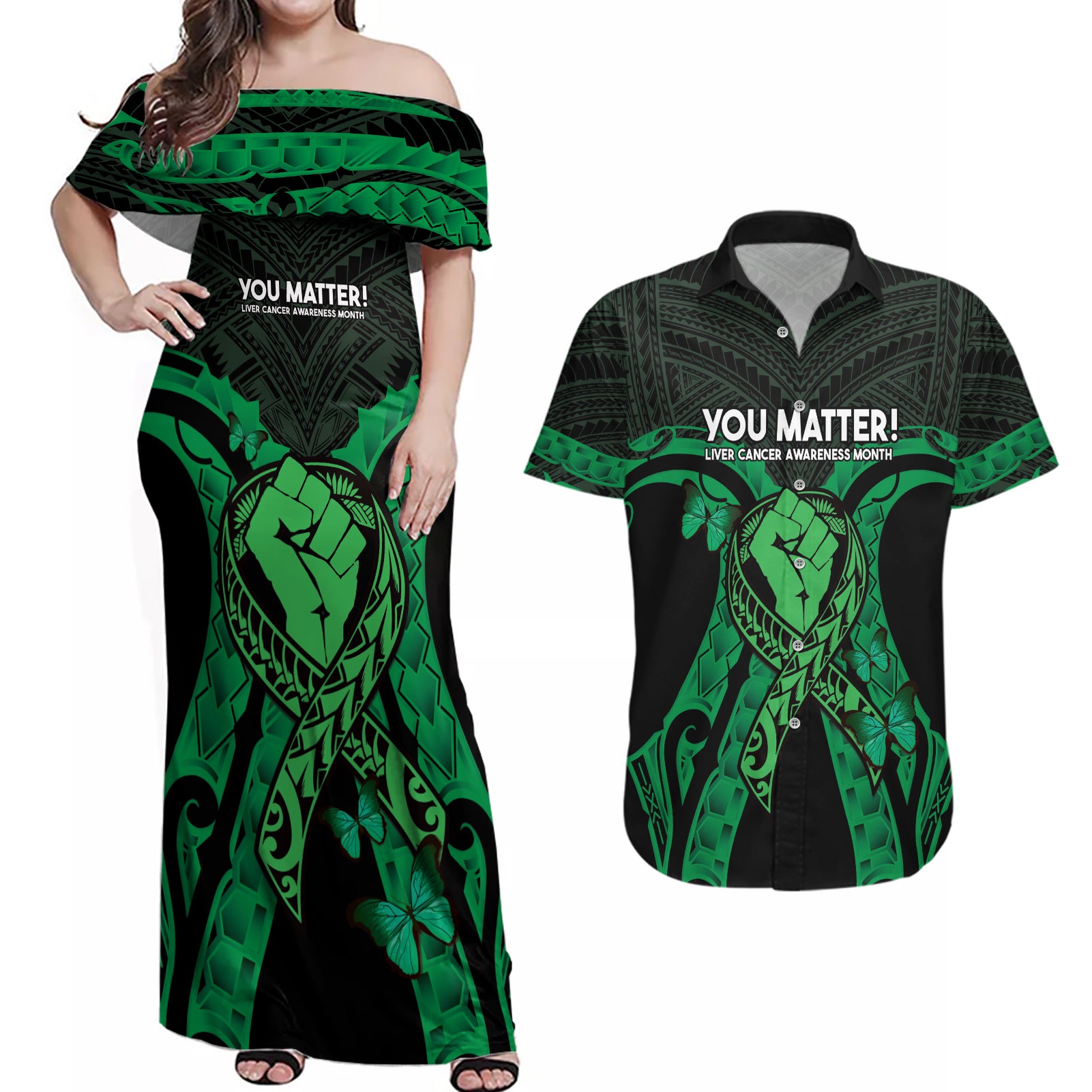 ADHD Awareness Month You Matter Couples Matching Off Shoulder Maxi Dress and Hawaiian Shirt Green Polynesian Ribbon