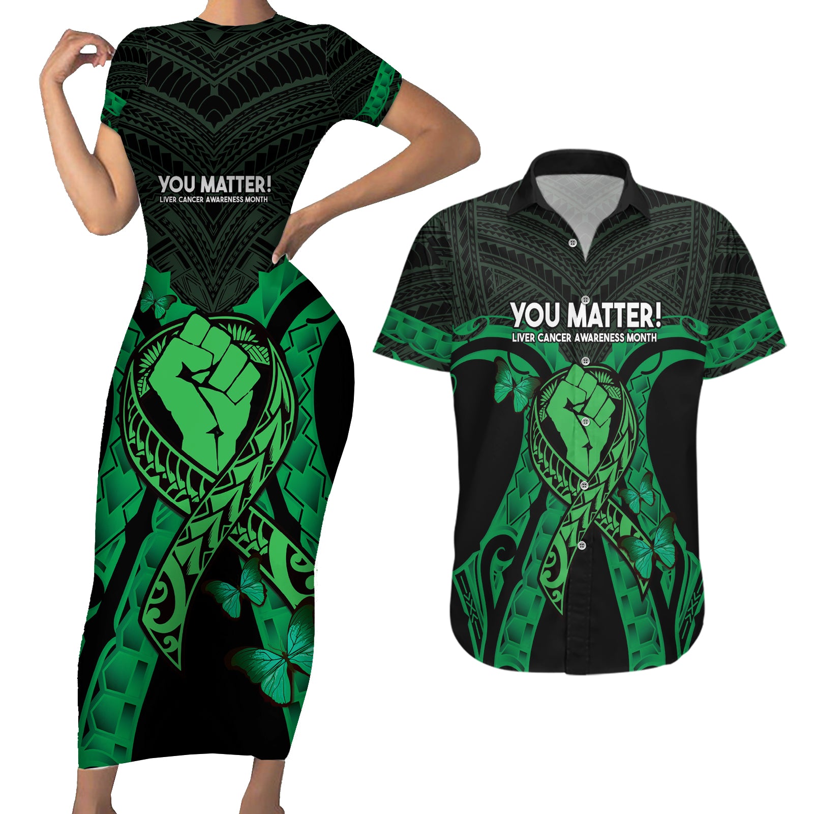 ADHD Awareness Month You Matter Couples Matching Short Sleeve Bodycon Dress and Hawaiian Shirt Green Polynesian Ribbon