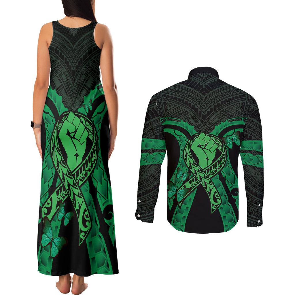 ADHD Awareness Month You Matter Couples Matching Tank Maxi Dress and Long Sleeve Button Shirt Green Polynesian Ribbon