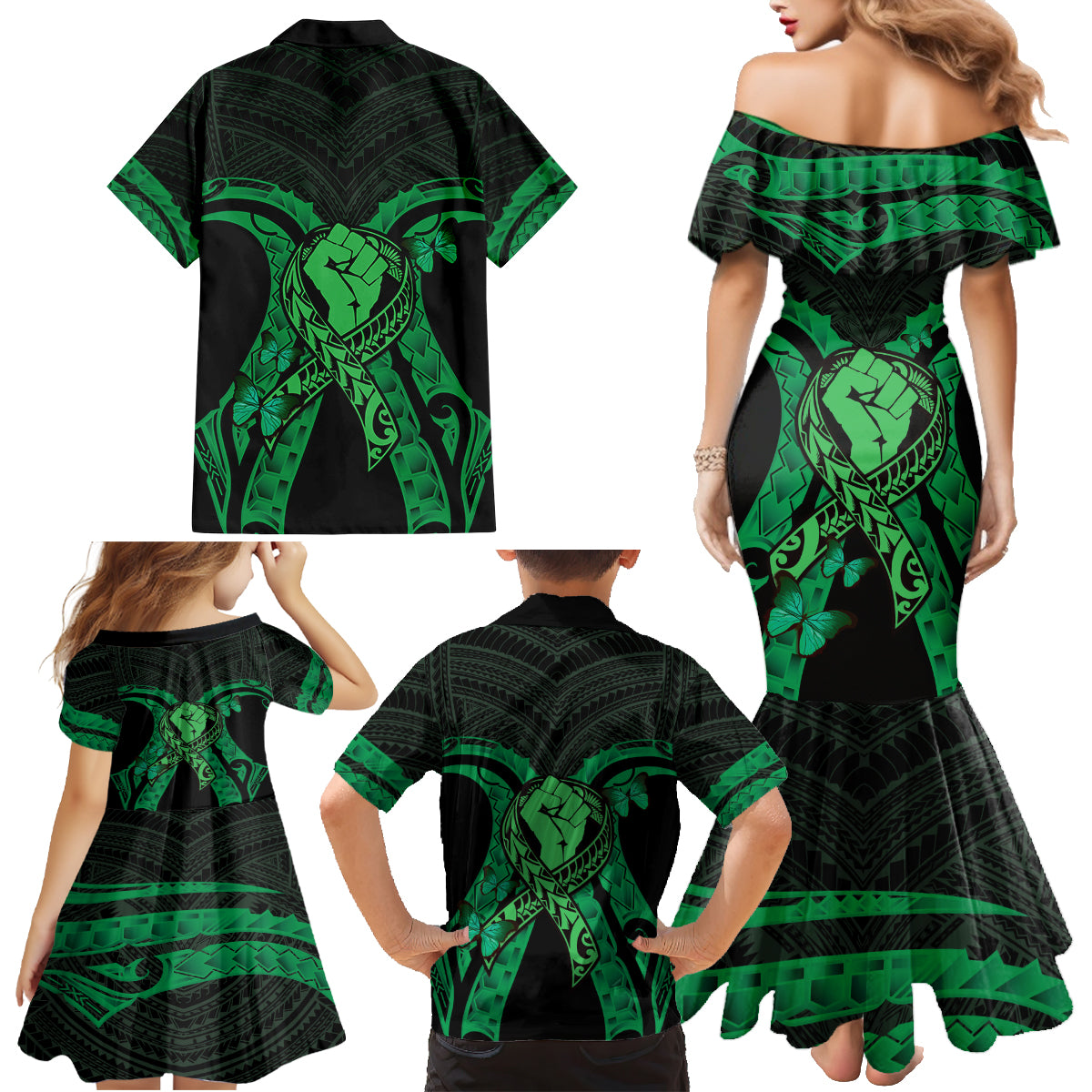 ADHD Awareness Month You Matter Family Matching Mermaid Dress and Hawaiian Shirt Green Polynesian Ribbon