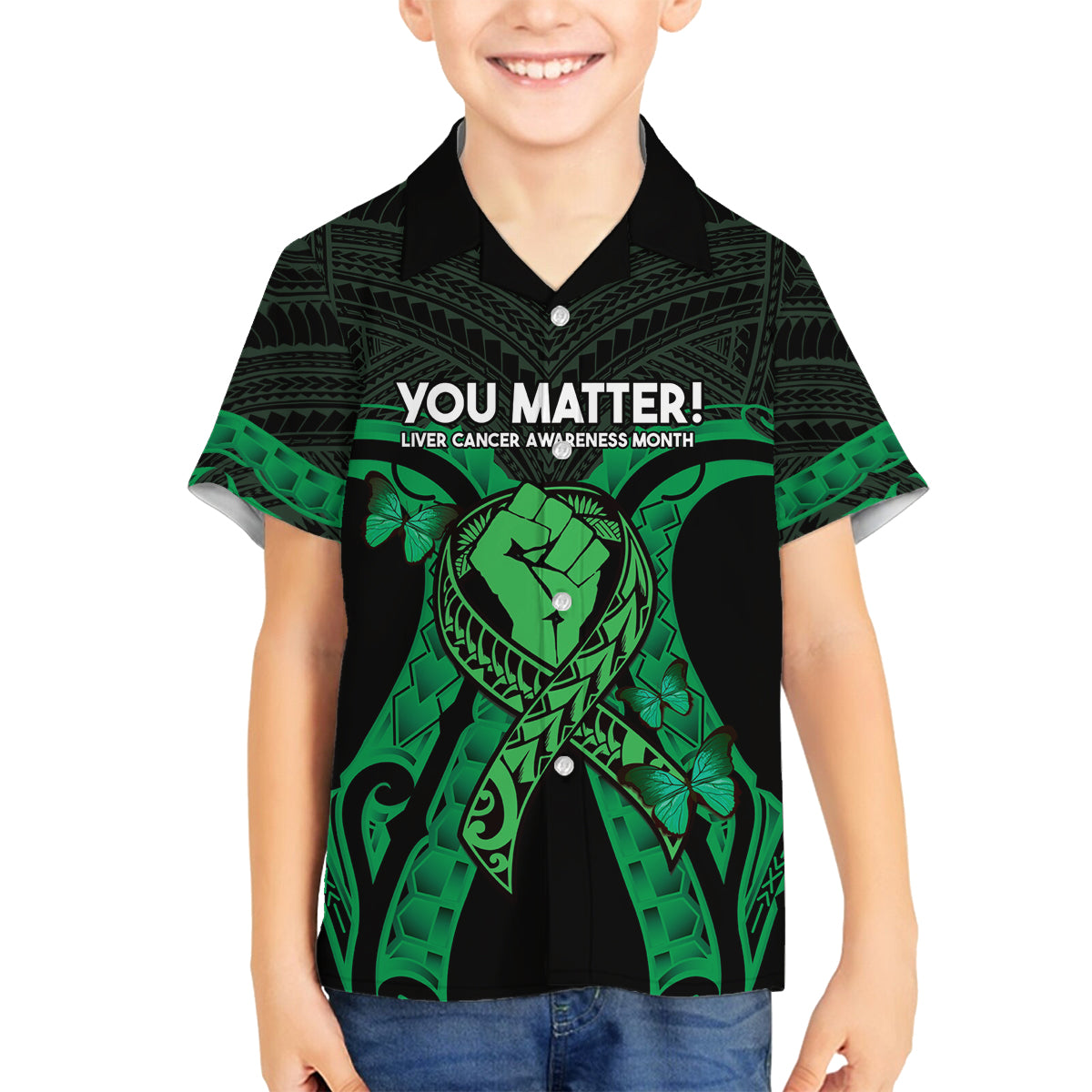 ADHD Awareness Month You Matter Family Matching Off The Shoulder Long Sleeve Dress and Hawaiian Shirt Green Polynesian Ribbon