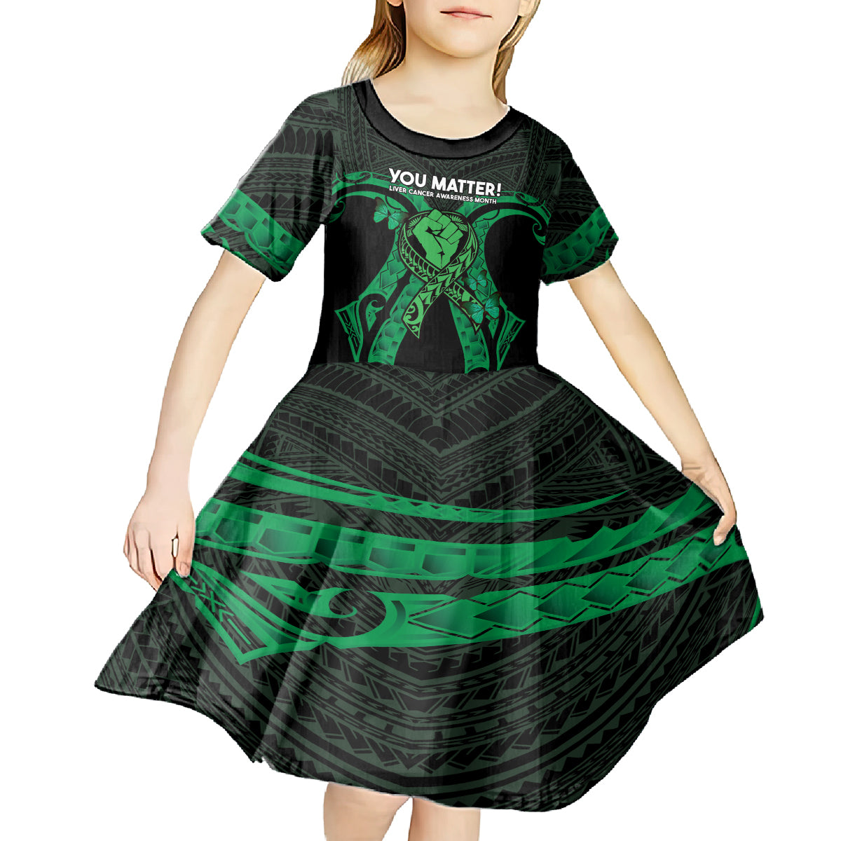 ADHD Awareness Month You Matter Kid Short Sleeve Dress Green Polynesian Ribbon