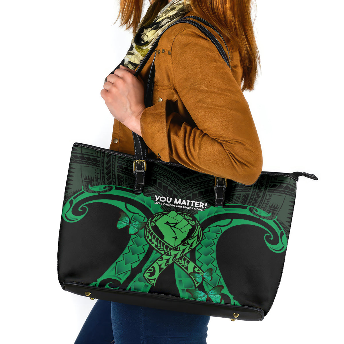 ADHD Awareness Month You Matter Leather Tote Bag Green Polynesian Ribbon