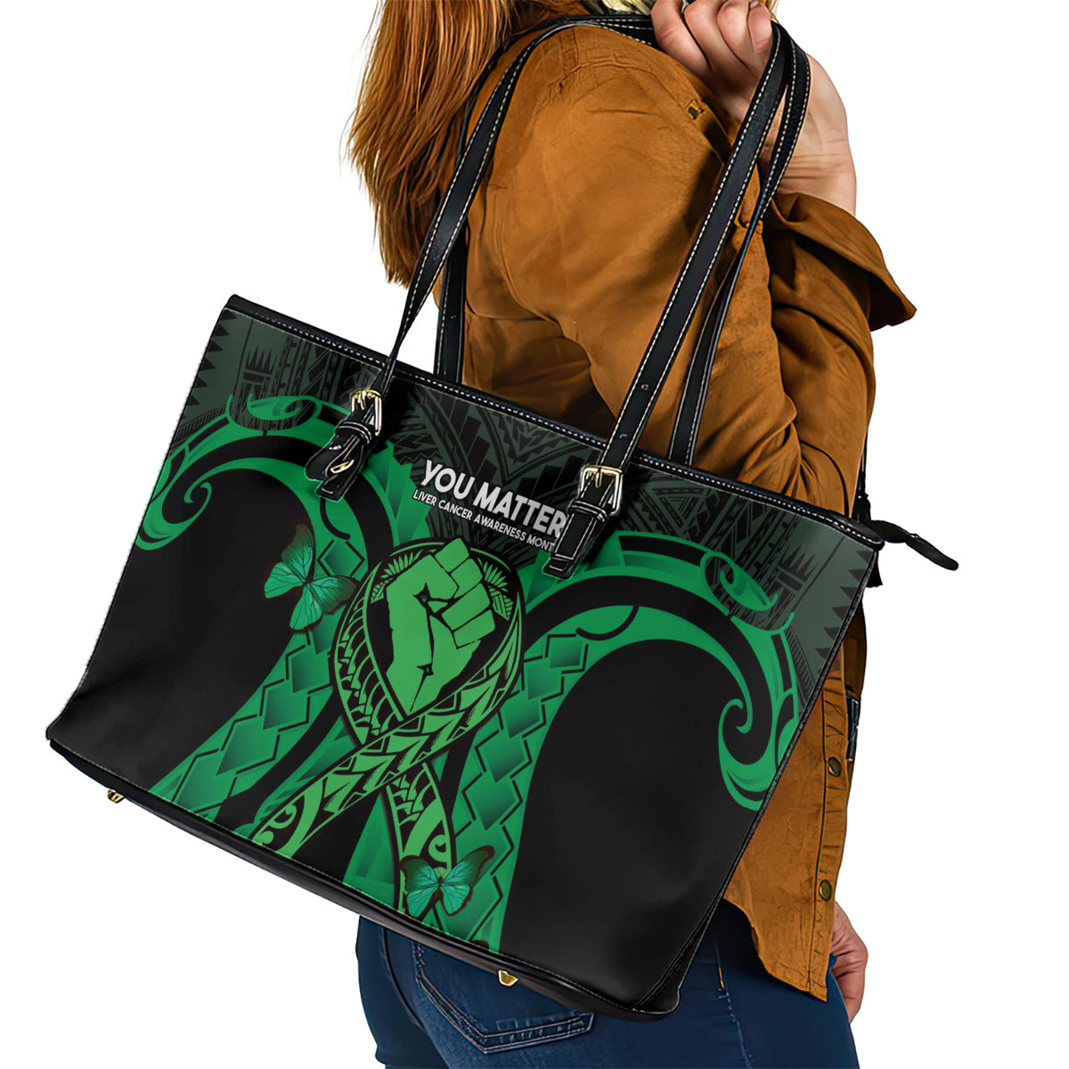 ADHD Awareness Month You Matter Leather Tote Bag Green Polynesian Ribbon