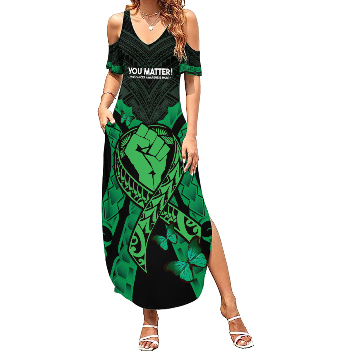 ADHD Awareness Month You Matter Summer Maxi Dress Green Polynesian Ribbon