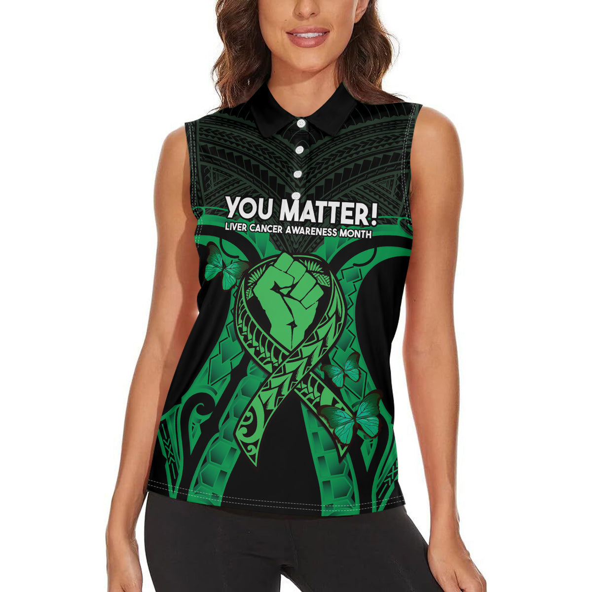 ADHD Awareness Month You Matter Women Sleeveless Polo Shirt Green Polynesian Ribbon