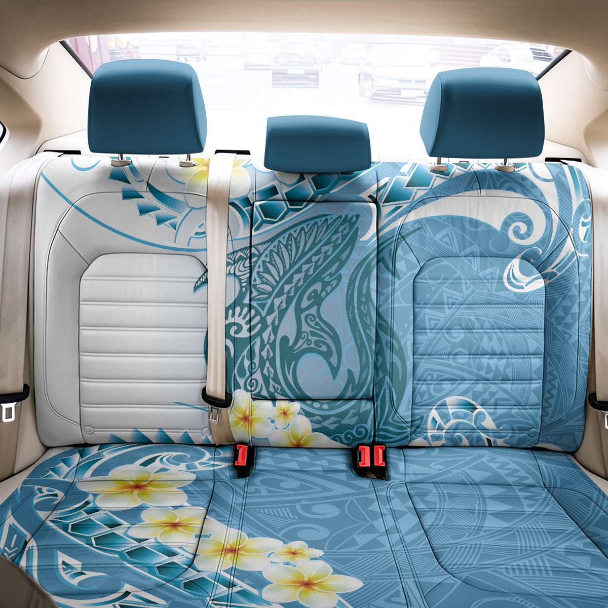 Blue Hawaii Shark Tattoo Back Car Seat Cover Frangipani With Polynesian Pastel Version