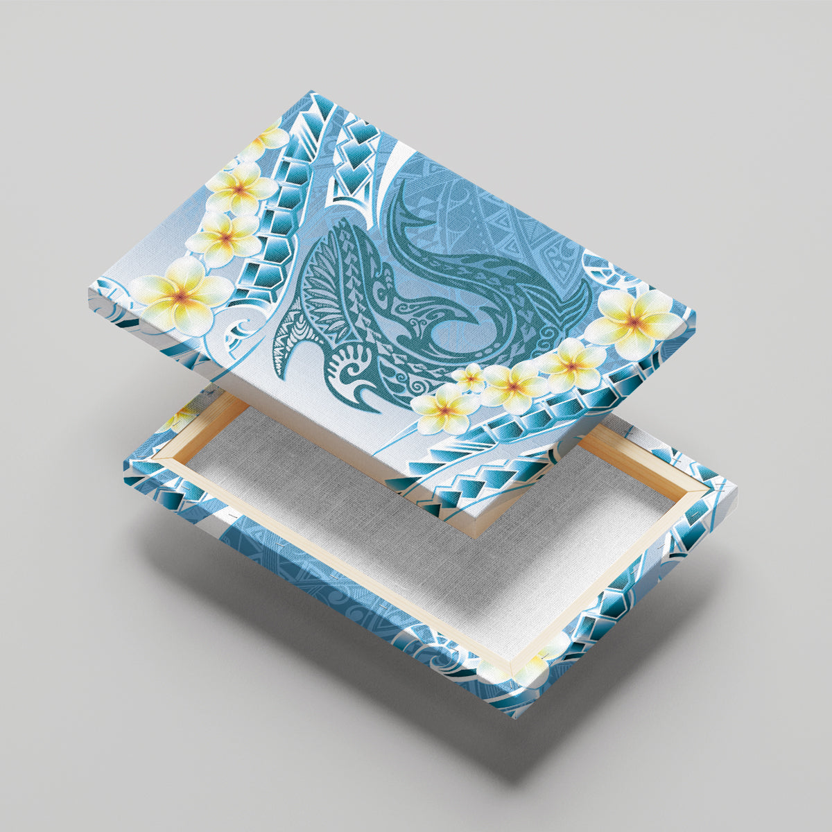 Blue Hawaii Shark Tattoo Canvas Wall Art Frangipani With Polynesian Pastel Version