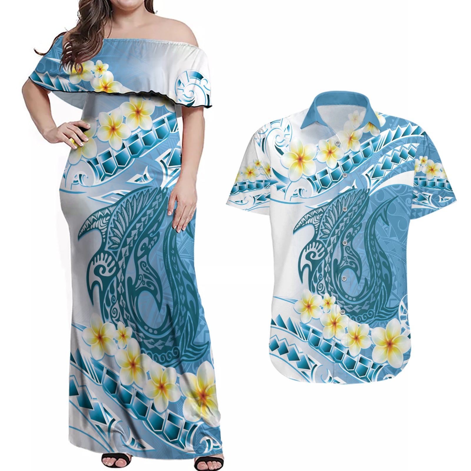 Blue Hawaii Shark Tattoo Couples Matching Off Shoulder Maxi Dress and Hawaiian Shirt Frangipani With Polynesian Pastel Version