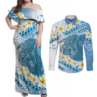 Blue Hawaii Shark Tattoo Couples Matching Off Shoulder Maxi Dress and Long Sleeve Button Shirt Frangipani With Polynesian Pastel Version