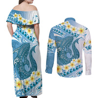 Blue Hawaii Shark Tattoo Couples Matching Off Shoulder Maxi Dress and Long Sleeve Button Shirt Frangipani With Polynesian Pastel Version