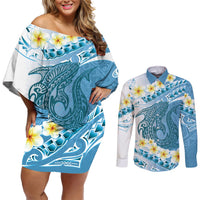 Blue Hawaii Shark Tattoo Couples Matching Off Shoulder Short Dress and Long Sleeve Button Shirt Frangipani With Polynesian Pastel Version
