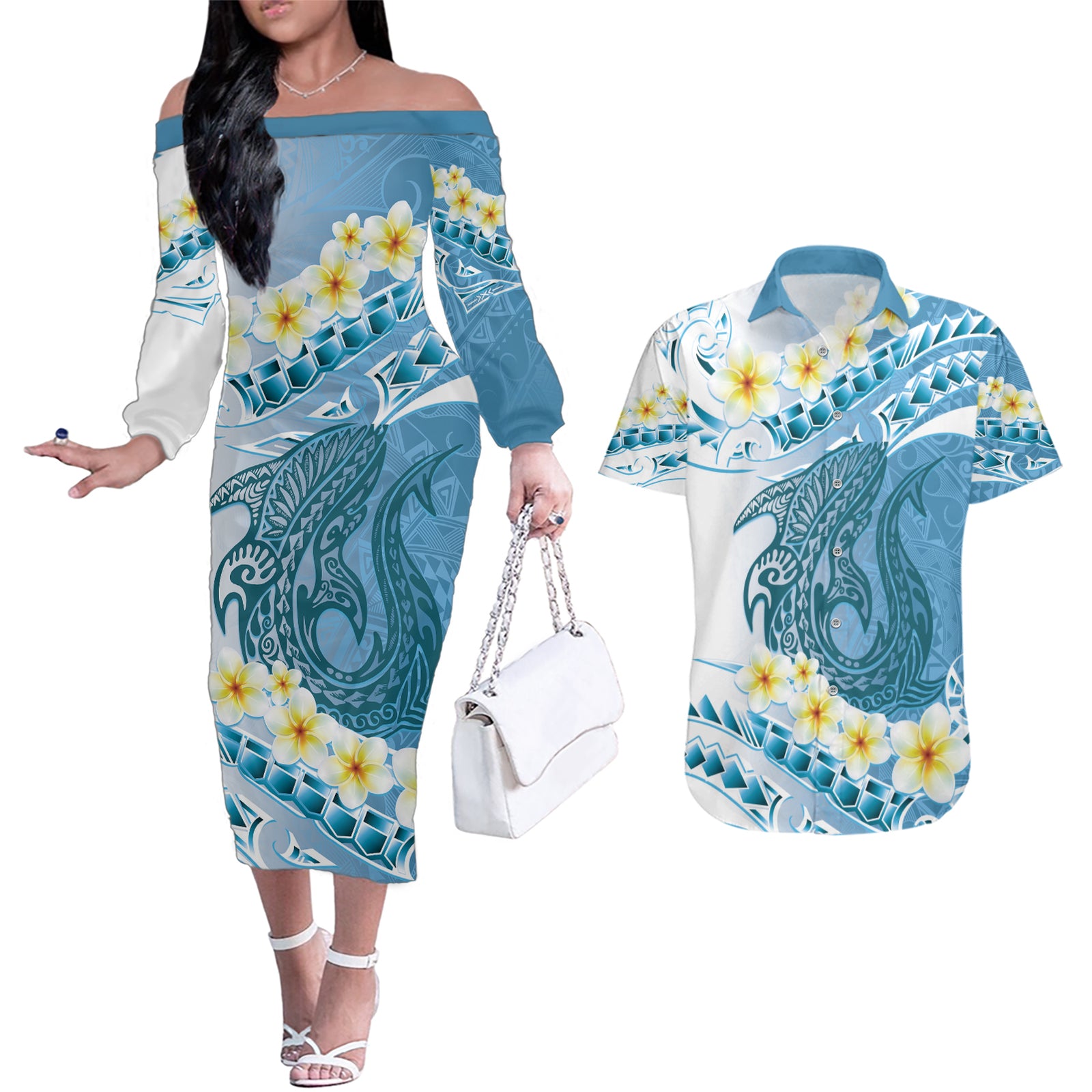 Blue Hawaii Shark Tattoo Couples Matching Off The Shoulder Long Sleeve Dress and Hawaiian Shirt Frangipani With Polynesian Pastel Version