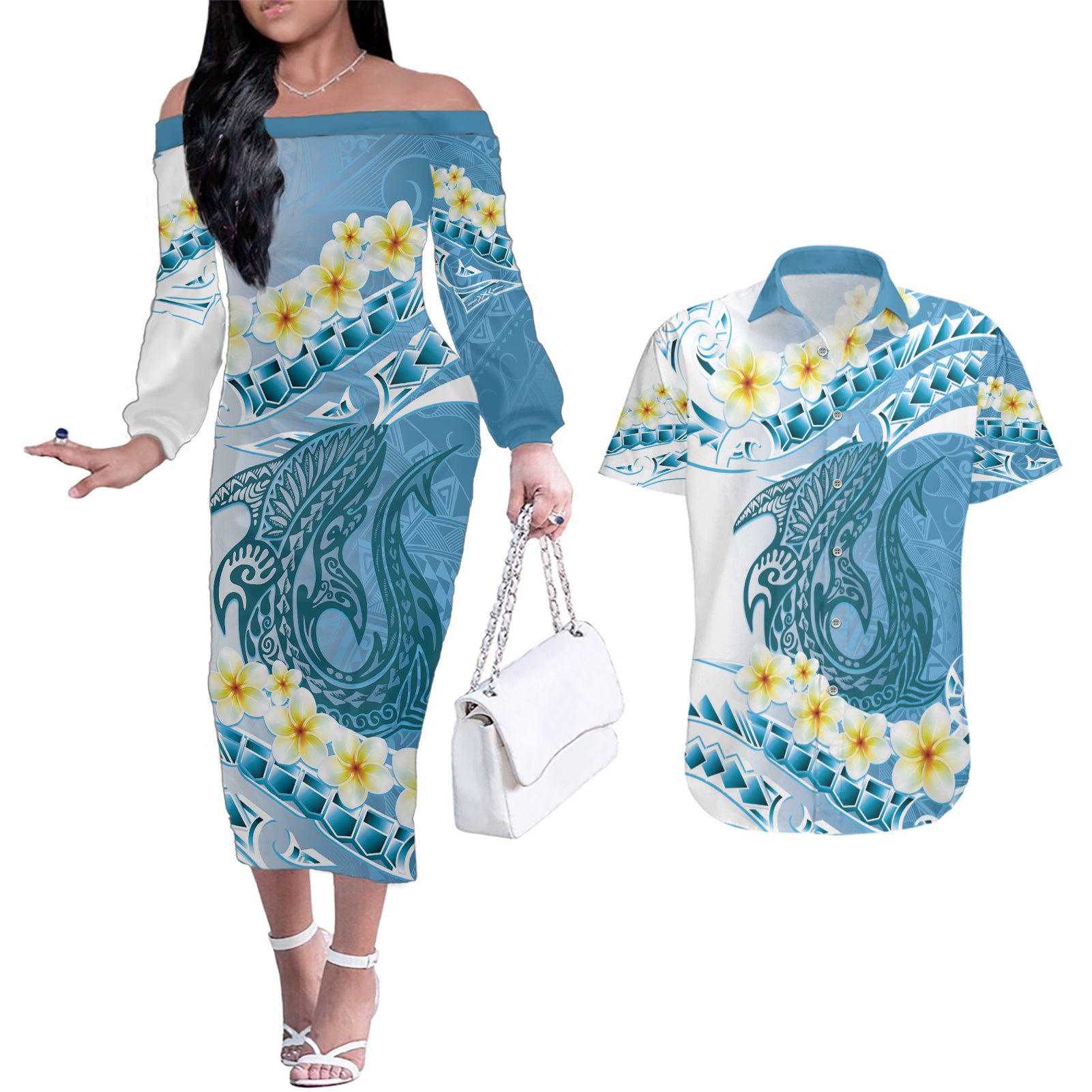 Blue Hawaii Shark Tattoo Couples Matching Off The Shoulder Long Sleeve Dress and Hawaiian Shirt Frangipani With Polynesian Pastel Version