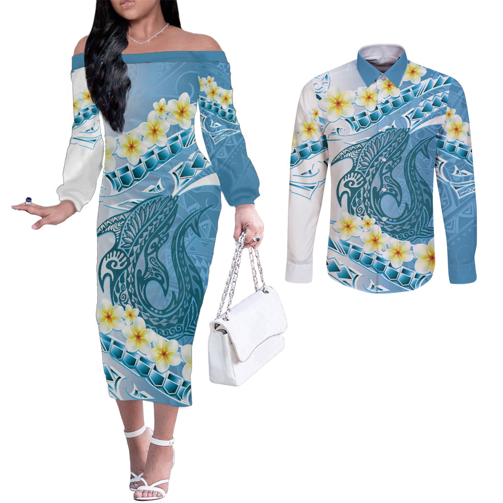 Blue Hawaii Shark Tattoo Couples Matching Off The Shoulder Long Sleeve Dress and Long Sleeve Button Shirt Frangipani With Polynesian Pastel Version