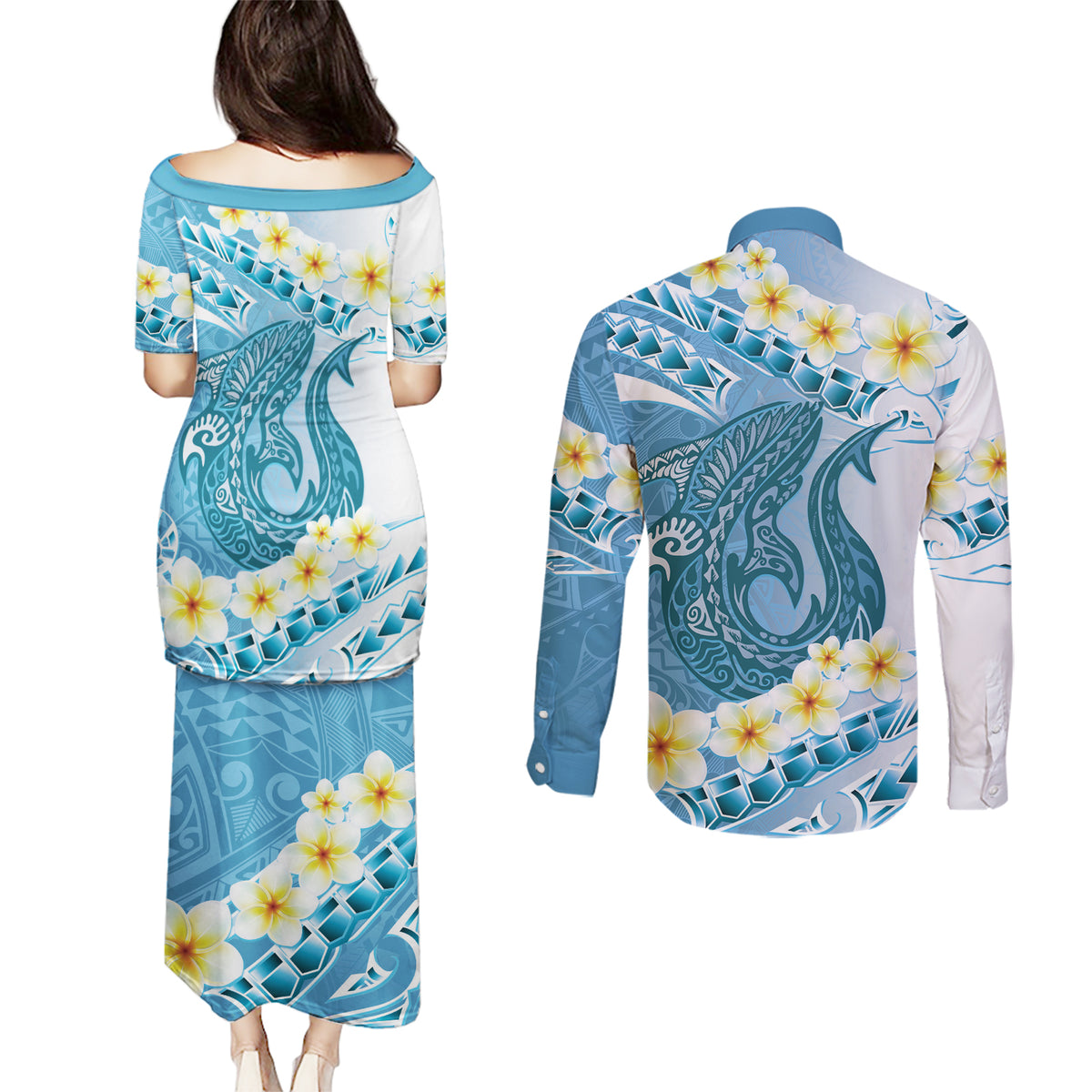 Blue Hawaii Shark Tattoo Couples Matching Puletasi and Long Sleeve Button Shirt Frangipani With Polynesian Pastel Version