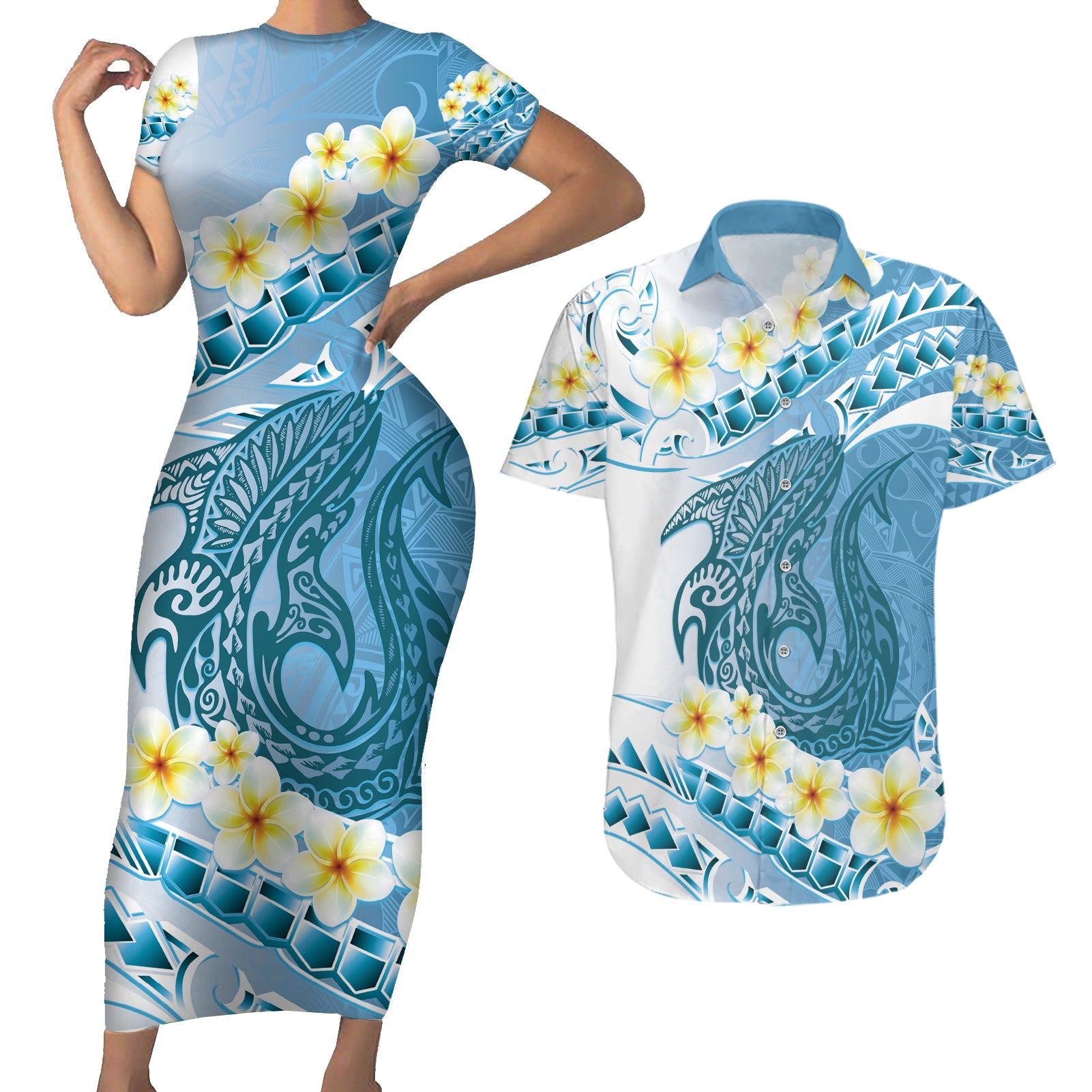 Blue Hawaii Shark Tattoo Couples Matching Short Sleeve Bodycon Dress and Hawaiian Shirt Frangipani With Polynesian Pastel Version