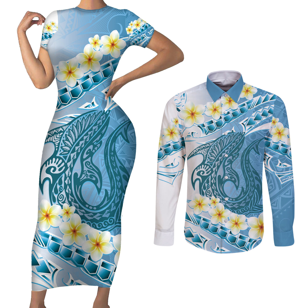 Blue Hawaii Shark Tattoo Couples Matching Short Sleeve Bodycon Dress and Long Sleeve Button Shirt Frangipani With Polynesian Pastel Version LT14 Blue - Polynesian Pride