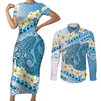 Blue Hawaii Shark Tattoo Couples Matching Short Sleeve Bodycon Dress and Long Sleeve Button Shirt Frangipani With Polynesian Pastel Version LT14 Blue - Polynesian Pride