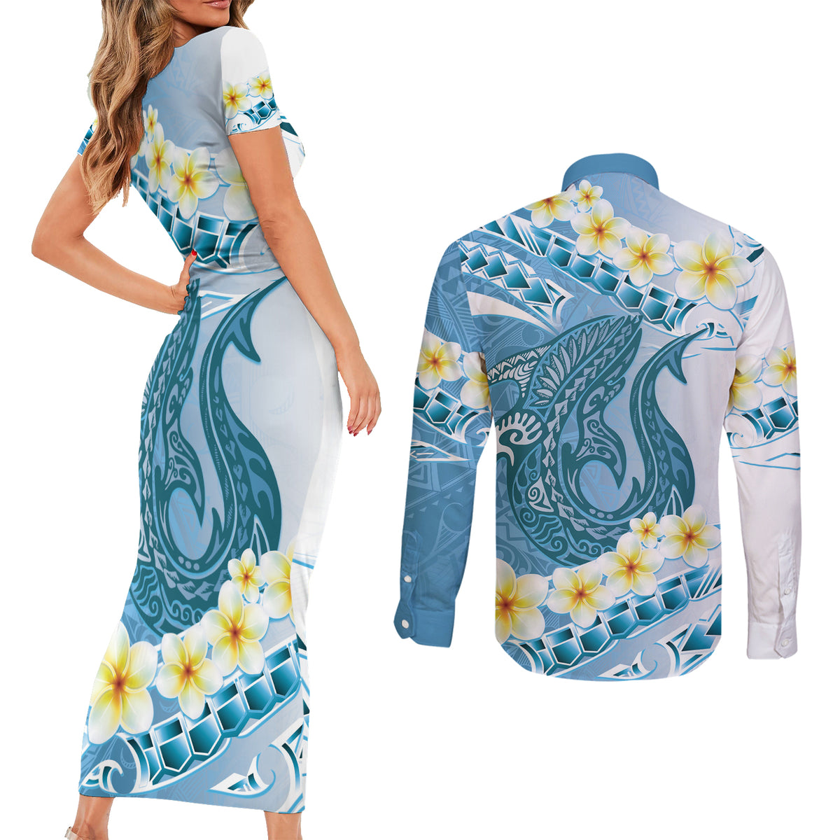 Blue Hawaii Shark Tattoo Couples Matching Short Sleeve Bodycon Dress and Long Sleeve Button Shirt Frangipani With Polynesian Pastel Version LT14 - Polynesian Pride