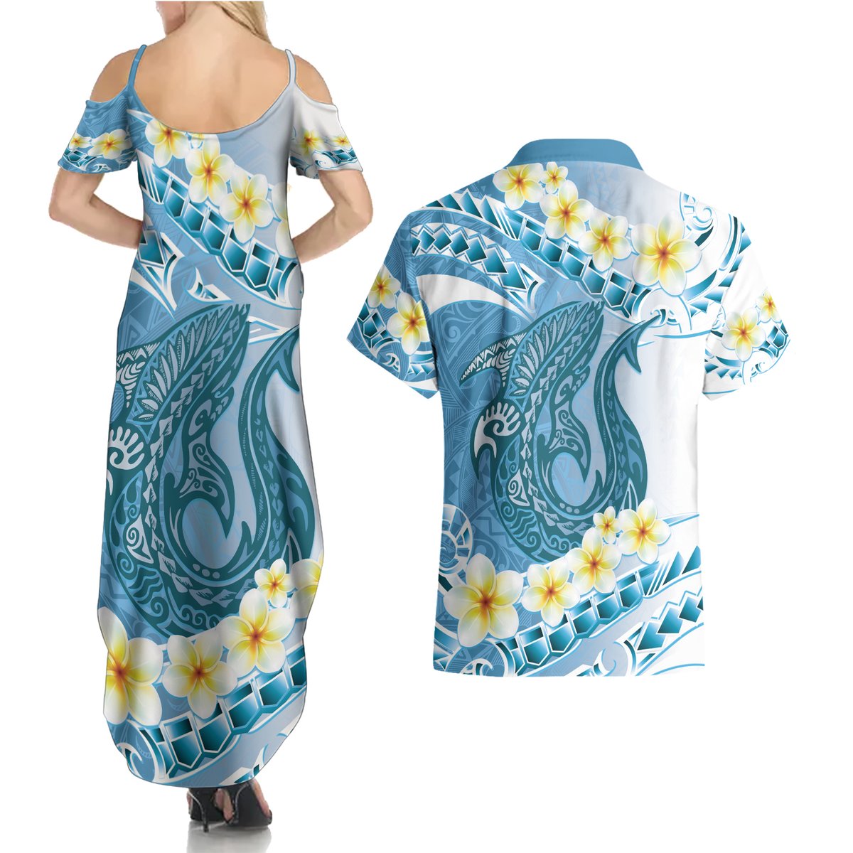 Blue Hawaii Shark Tattoo Couples Matching Summer Maxi Dress and Hawaiian Shirt Frangipani With Polynesian Pastel Version