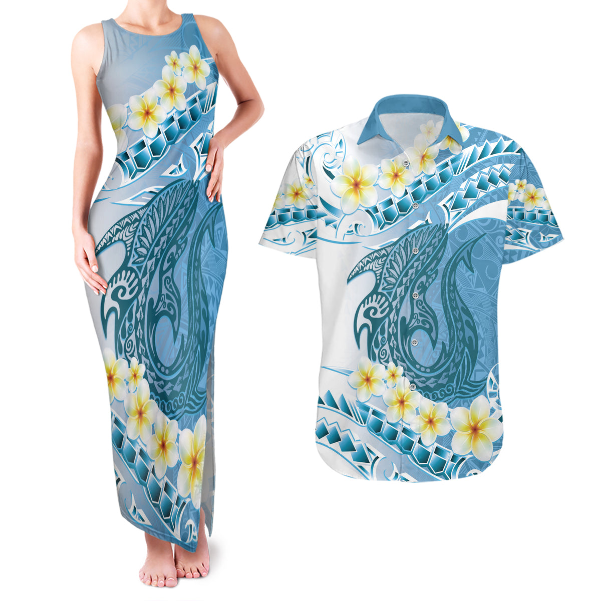 Blue Hawaii Shark Tattoo Couples Matching Tank Maxi Dress and Hawaiian Shirt Frangipani With Polynesian Pastel Version