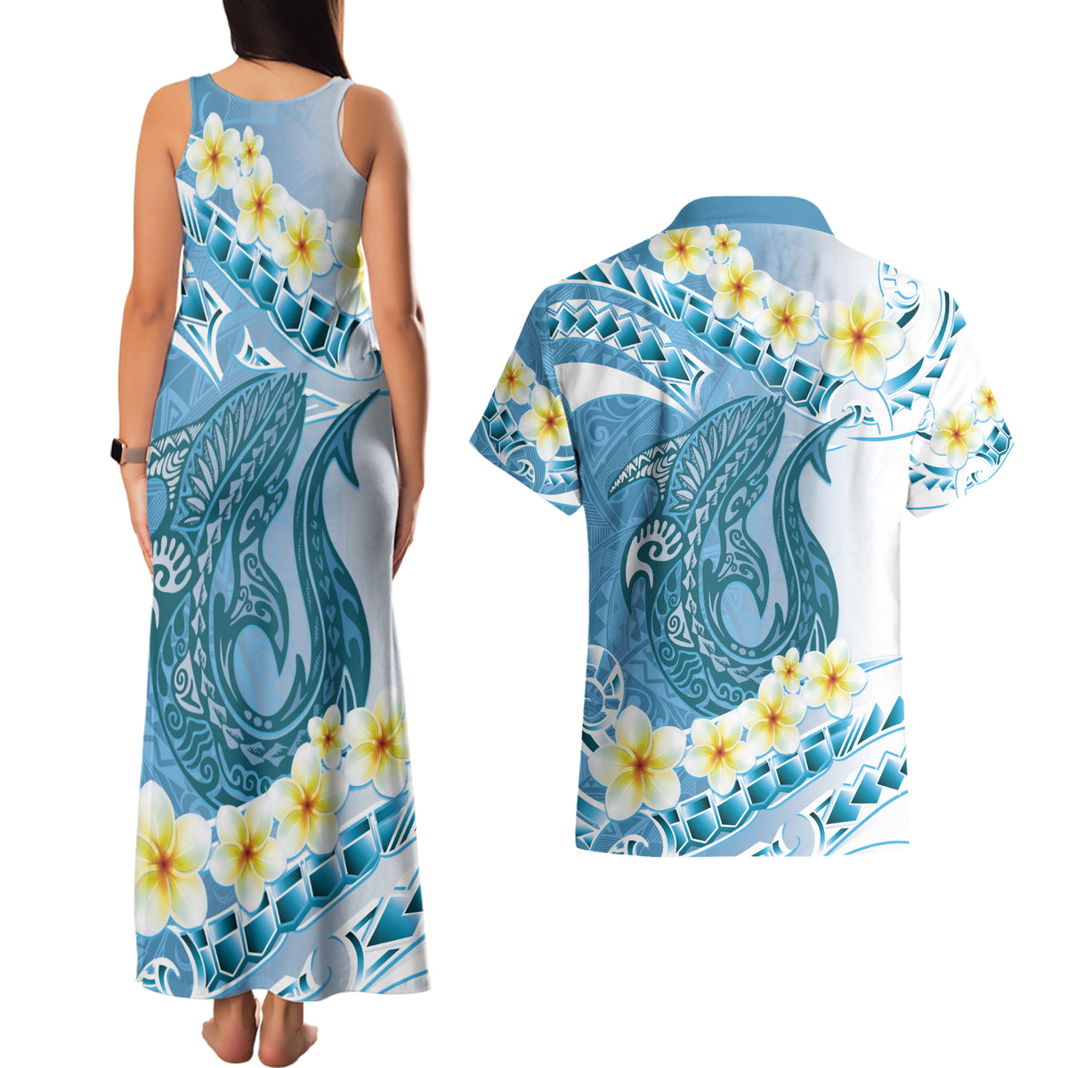 Blue Hawaii Shark Tattoo Couples Matching Tank Maxi Dress and Hawaiian Shirt Frangipani With Polynesian Pastel Version