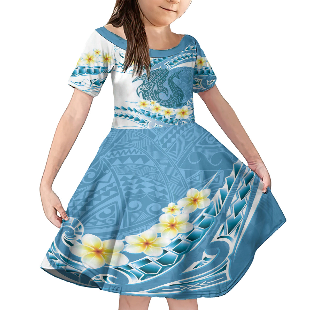 Blue Hawaii Shark Tattoo Family Matching Long Sleeve Bodycon Dress and Hawaiian Shirt Frangipani With Polynesian Pastel Version LT14 Daughter's Dress Blue - Polynesian Pride