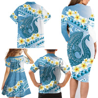 Blue Hawaii Shark Tattoo Family Matching Long Sleeve Bodycon Dress and Hawaiian Shirt Frangipani With Polynesian Pastel Version LT14 - Polynesian Pride