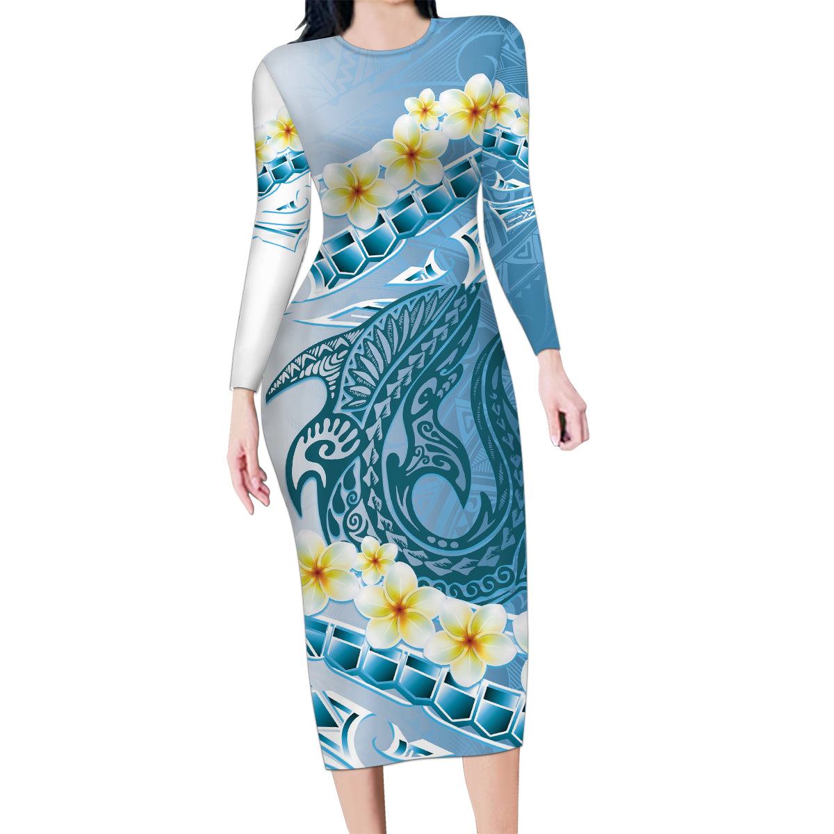 Blue Hawaii Shark Tattoo Family Matching Long Sleeve Bodycon Dress and Hawaiian Shirt Frangipani With Polynesian Pastel Version LT14 Mom's Dress Blue - Polynesian Pride