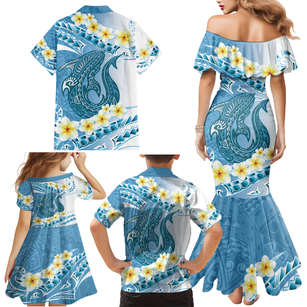 Blue Hawaii Shark Tattoo Family Matching Mermaid Dress and Hawaiian Shirt Frangipani With Polynesian Pastel Version LT14 - Polynesian Pride