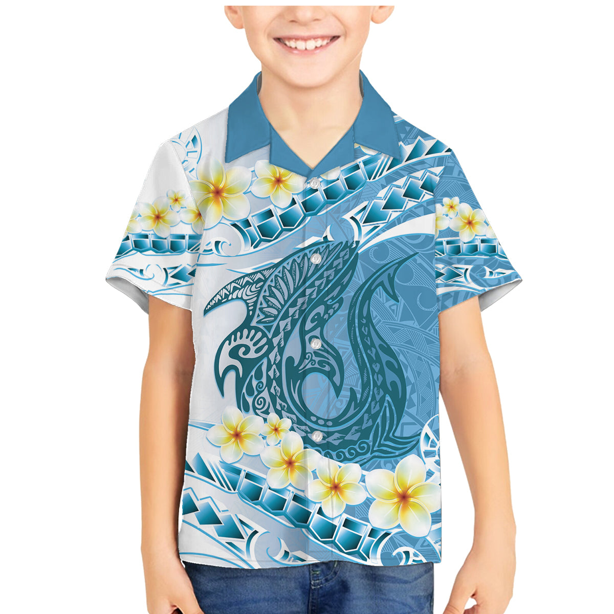 Blue Hawaii Shark Tattoo Family Matching Mermaid Dress and Hawaiian Shirt Frangipani With Polynesian Pastel Version LT14 Son's Shirt Blue - Polynesian Pride