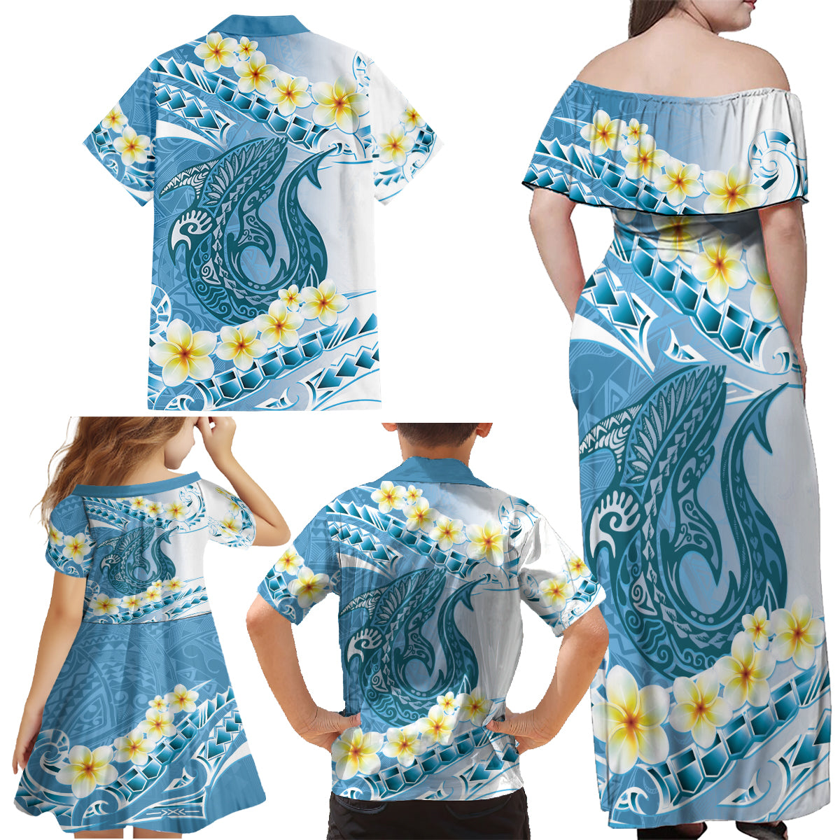 Blue Hawaii Shark Tattoo Family Matching Off Shoulder Maxi Dress and Hawaiian Shirt Frangipani With Polynesian Pastel Version LT14 - Polynesian Pride