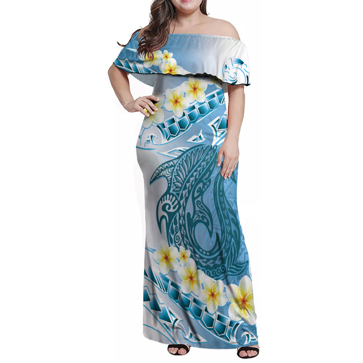 Blue Hawaii Shark Tattoo Family Matching Off Shoulder Maxi Dress and Hawaiian Shirt Frangipani With Polynesian Pastel Version LT14 Mom's Dress Blue - Polynesian Pride
