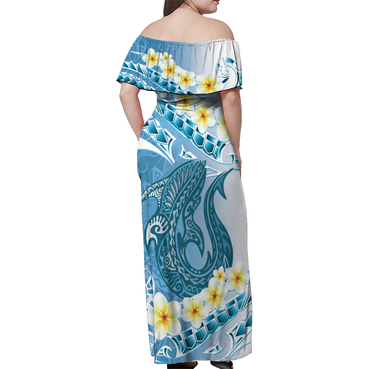 Blue Hawaii Shark Tattoo Family Matching Off Shoulder Maxi Dress and Hawaiian Shirt Frangipani With Polynesian Pastel Version LT14 - Polynesian Pride