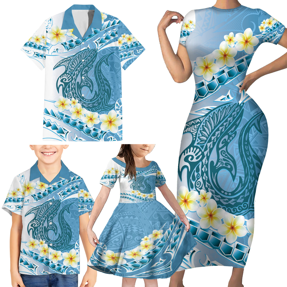 Blue Hawaii Shark Tattoo Family Matching Short Sleeve Bodycon Dress and Hawaiian Shirt Frangipani With Polynesian Pastel Version LT14 - Polynesian Pride