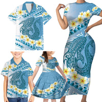 Blue Hawaii Shark Tattoo Family Matching Short Sleeve Bodycon Dress and Hawaiian Shirt Frangipani With Polynesian Pastel Version LT14 - Polynesian Pride