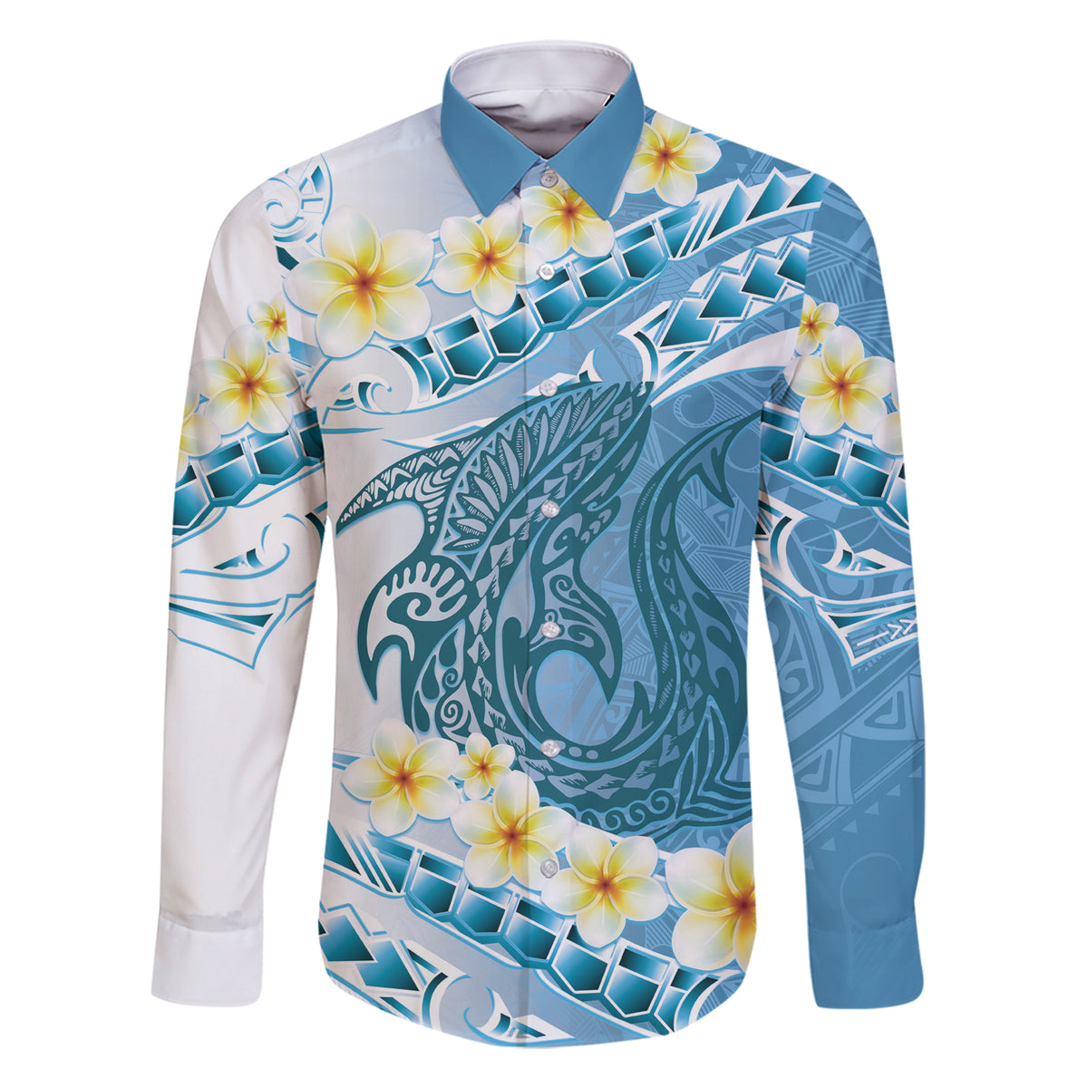 Blue Hawaii Shark Tattoo Family Matching Short Sleeve Bodycon Dress and Hawaiian Shirt Frangipani With Polynesian Pastel Version LT14 Dad's Shirt - Long Sleeve Blue - Polynesian Pride