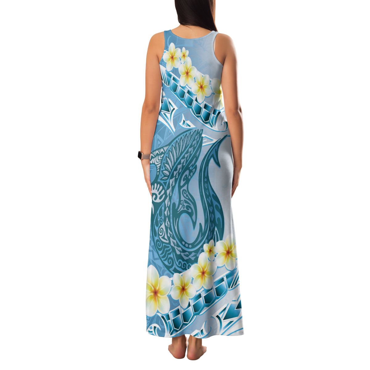 Blue Hawaii Shark Tattoo Family Matching Tank Maxi Dress and Hawaiian Shirt Frangipani With Polynesian Pastel Version