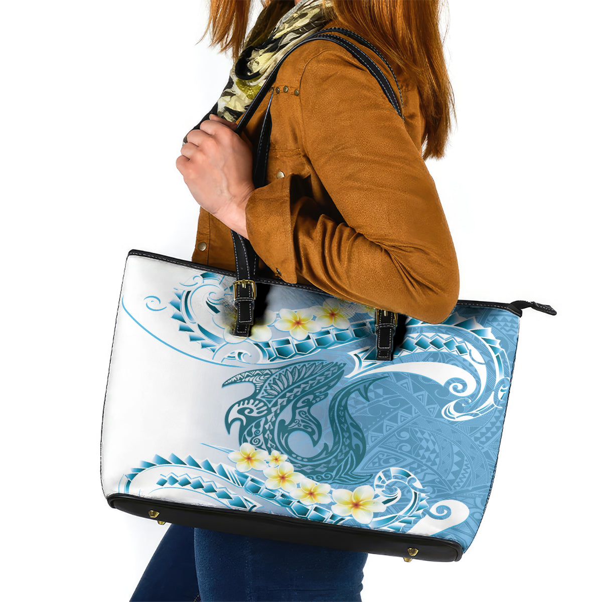 Blue Hawaii Shark Tattoo Leather Tote Bag Frangipani With Polynesian Pastel Version