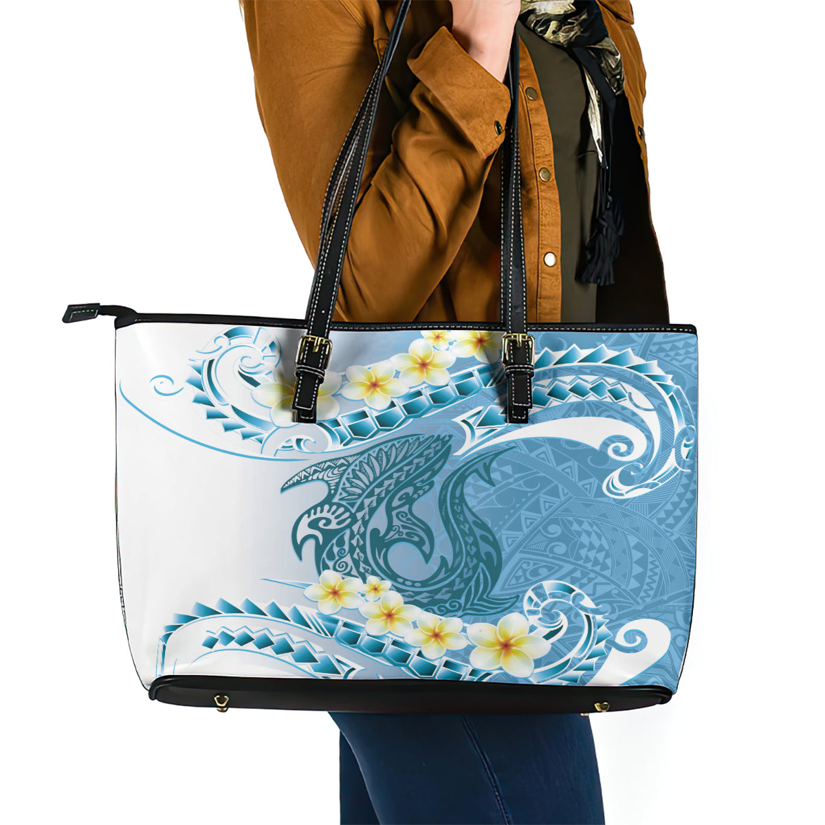 Blue Hawaii Shark Tattoo Leather Tote Bag Frangipani With Polynesian Pastel Version