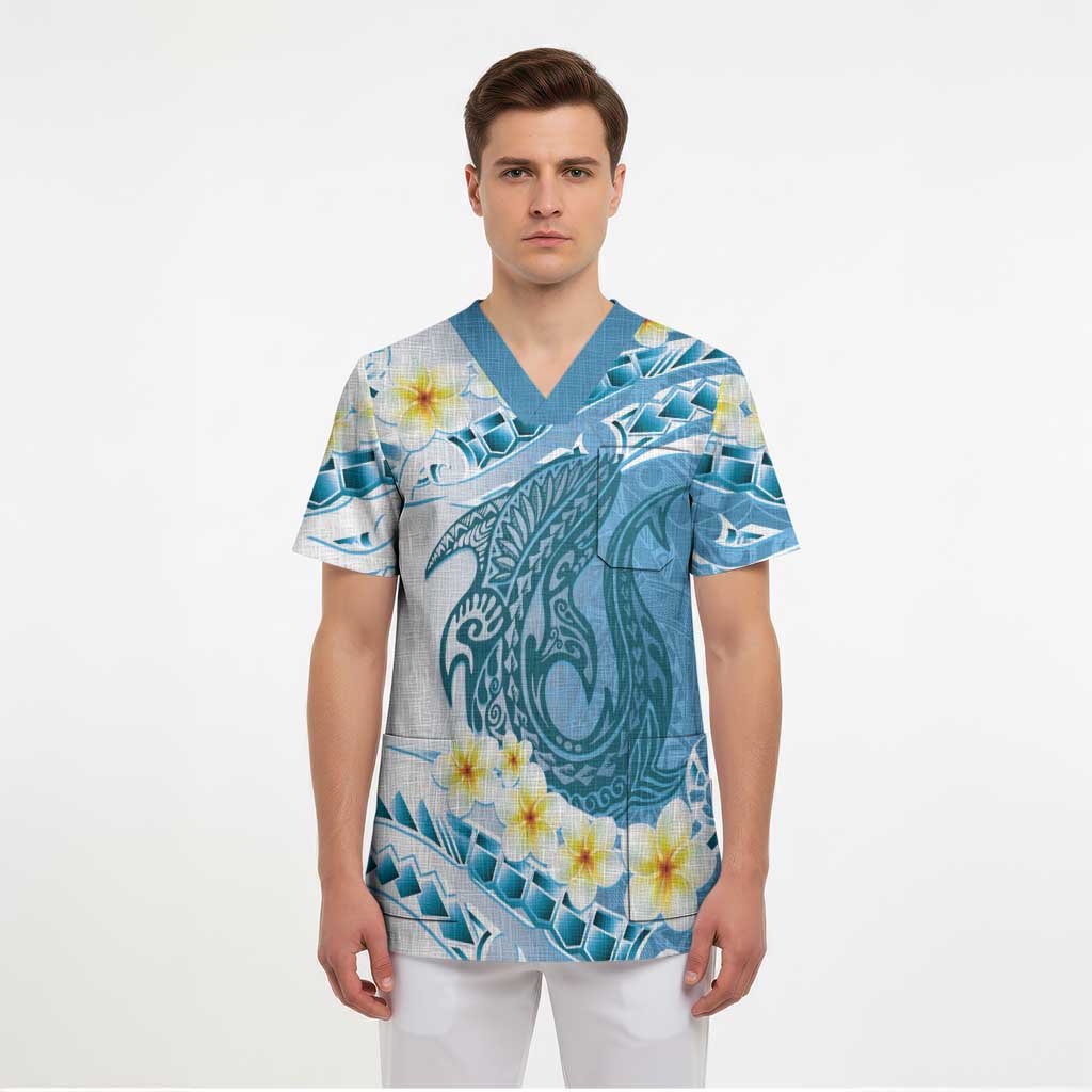 Blue Hawaii Shark Tattoo Scrub Top Frangipani With Polynesian Pastel Version - Polynesian Pride