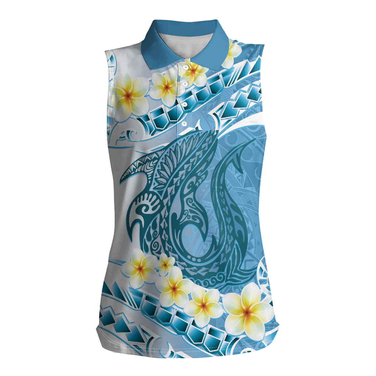 Blue Hawaii Shark Tattoo Women Sleeveless Polo Shirt Frangipani With Polynesian Pastel Version