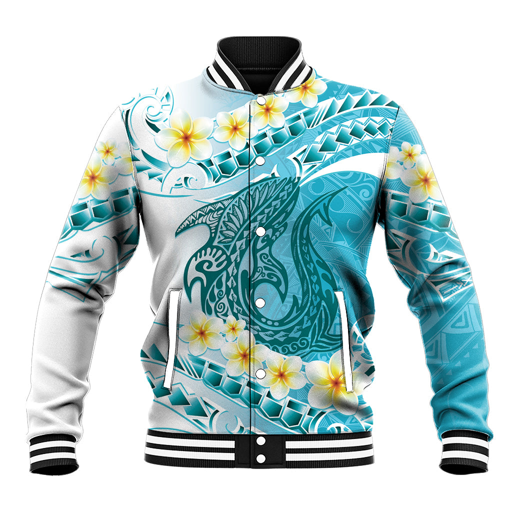 Turquoise Hawaii Shark Tattoo Baseball Jacket Frangipani With Polynesian Pastel Version